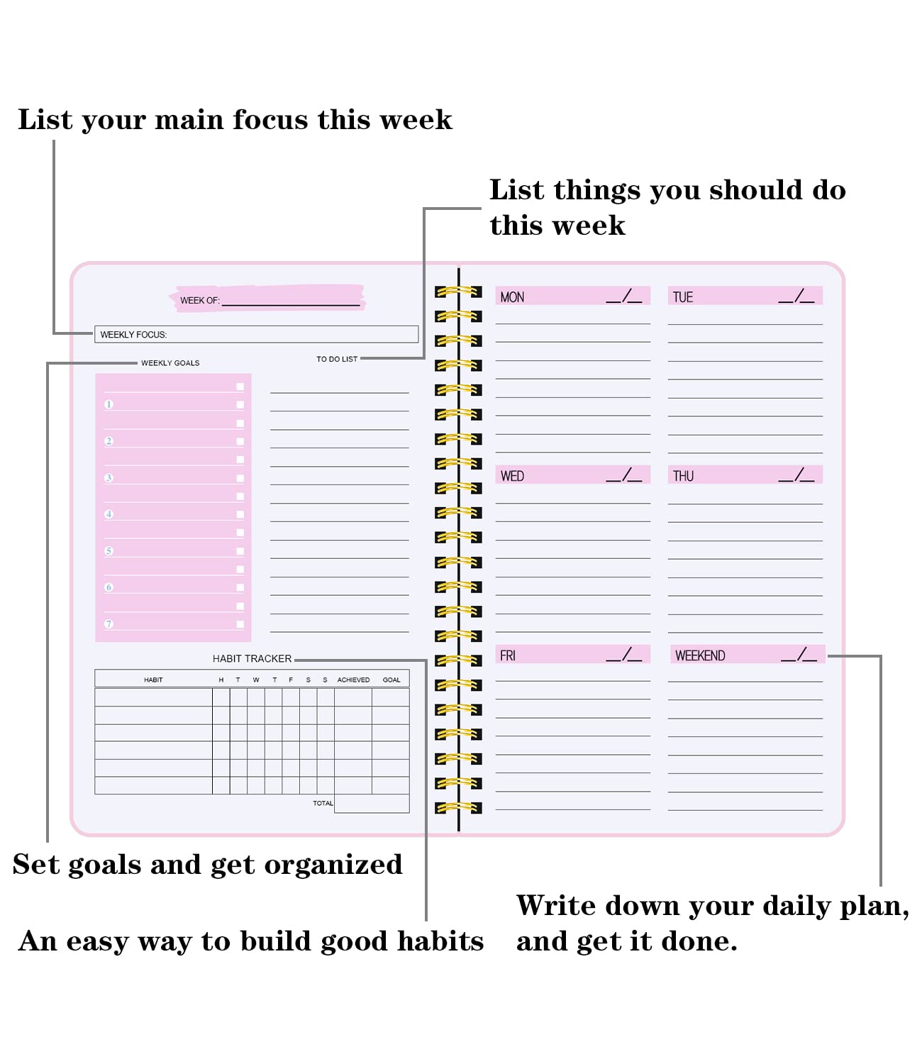 To Do List Notebook, Undated Weekly Planner A5 Diary Planner for College Work with Habit Tracker, Twin Wire Binding, Pink