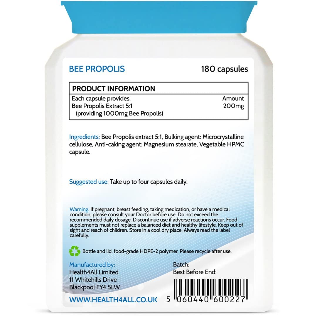 Bee Propolis High Strength 1000mg 180 Capsules (V) Immune System Booster Natural Immune Support Supplement Rich in Functional antioxidants. Made in The UK by Health4All