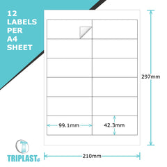 Triplast 20 x Multipurpose A4 Label Sheets - 12 Labels Per Sheet (99 x 42mm Each) - Easy Peel White Labels for Inkjet & Laser Printer - Address Labels, Shipping Labels, File Labels, DIY Stickers