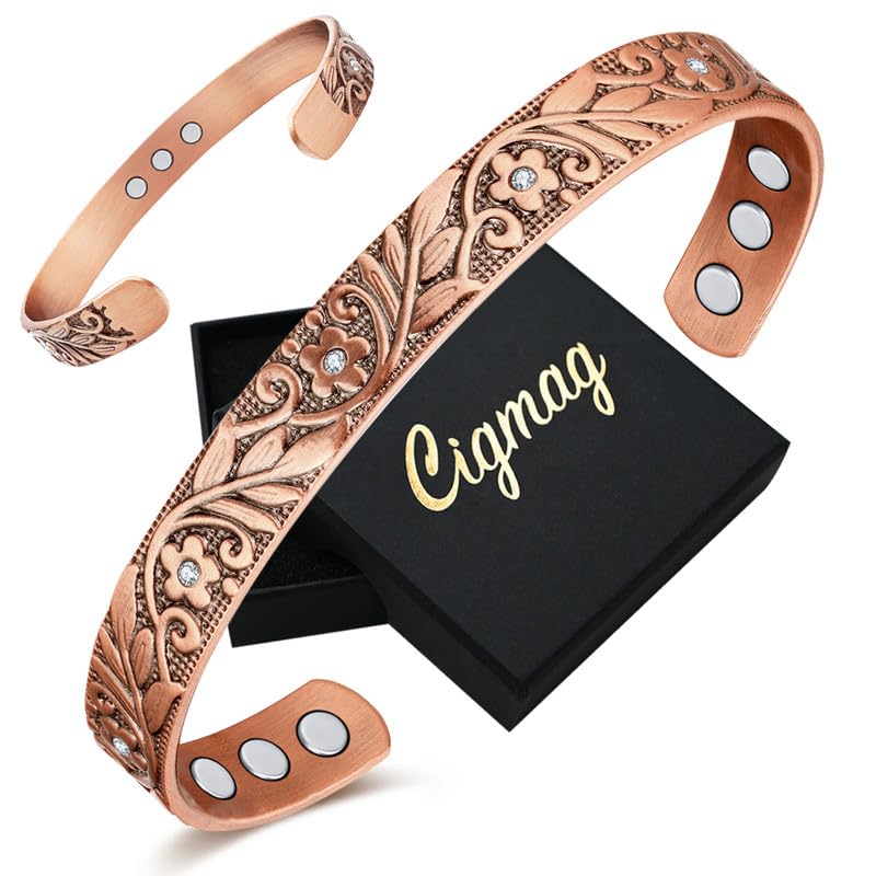 Cigmag 9X Lymphatic Drainage Copper Magnetic Bracelet for Women 99% Solid Pure Copper Ultra Strength Magnet Adjustable Brazaletes Cuff Bangle with Gift Box (Copper Crystal Plum Pattern)