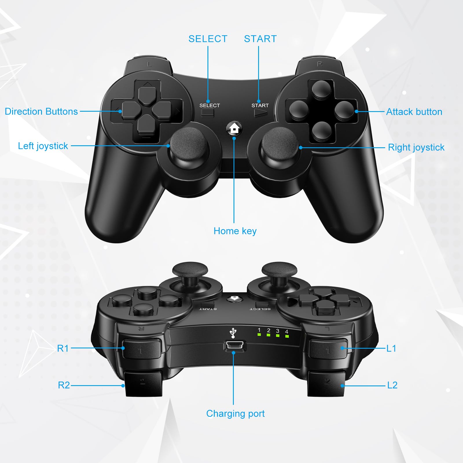 Controller for PS-3, Pack of 2 Wireless Controller for PS-3 with Dual Shock, Gyro Axis, Bluetooth Controller, Rechargable Remote PS-3 Gamepad Joystick with 2 Charging Cables