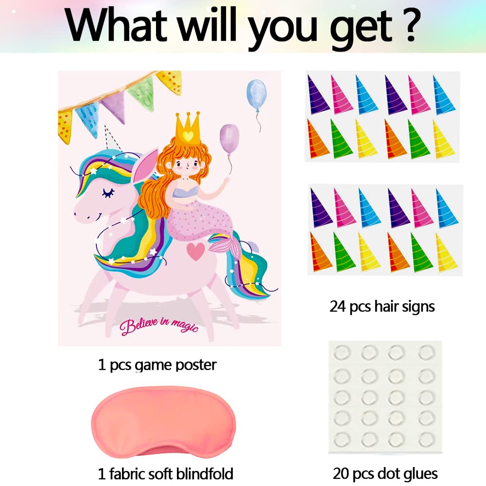 Volsha Pin the Horn on the Unicorn Game, 52×42cm Unicorn Party Game for Kids Girls with 24 PCs Spider Birthday Party Supplies for Wall Home Room Decorations