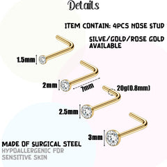 20G 1.5mm 2mm 2.5mm 3mm 3.5mm 4mm Nose Rings, 4-12Pcs Clear Diamond CZ Nose Studs Nose Piercings Jewellery