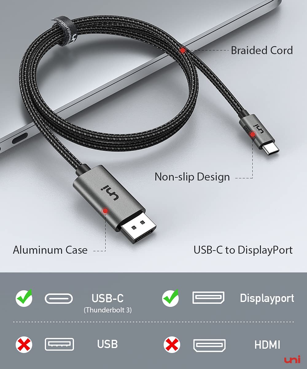 uni USB C to DisplayPort Cable (4K@60Hz, 2K@144Hz, 2K@165Hz), 1m/3ft Thunderbolt 3 to DisplayPort Cable, Compatible for MacBook Pro, MacBook Air, iPad Pro, XPS15, Surface Book