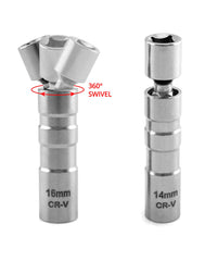 QWORK® 2Pcs Thin Wall Spark Plug Socket, 3/8 Inch 12-Point Universal Joint Magnetic Swivel Spark Plug Socket Spark Plug Removal Tool (14mm & 16mm)