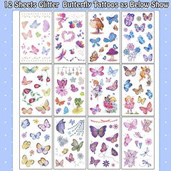 Leesgel 130 Styles Butterfly Glitter Tattoos for Kids, Butterfly Stickers, Temporary Tattoos for Girls Party Bag Fillers Birthday Decorations Fancy Dressing Up Accessories, Butterfly Gifts Favours