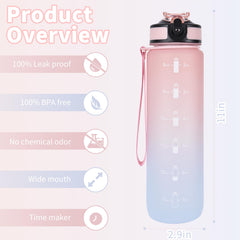 NAVTUE 1L Water Bottle with Straw, Sports Drinks Bottle with Time Markings, Leak Proof, Tritan BPA free for School/Cycling/Running (PinkBlue)