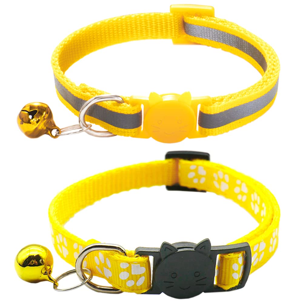 Qinao 2Pack Cat Collars Quick Release Reflective Kitten Collar with Bell & Safety Release (Yellow) 19-32cm