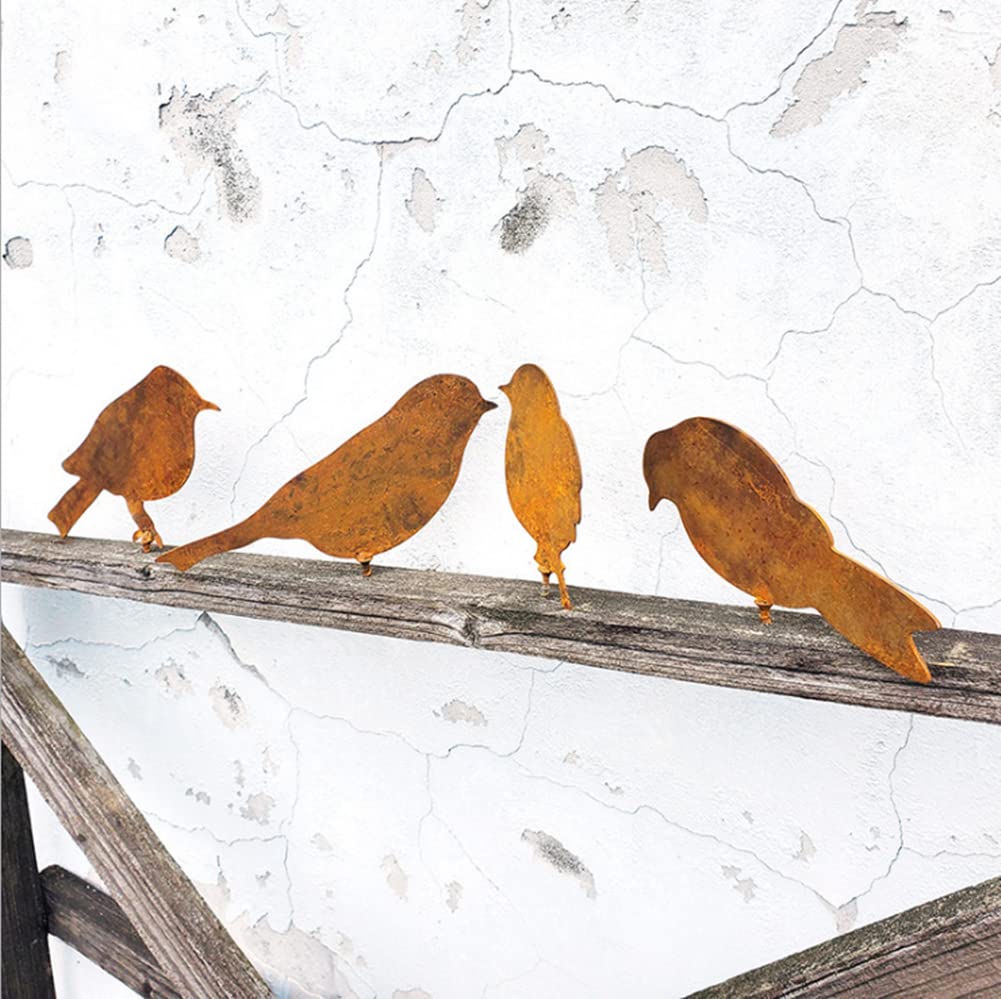 4 Pieces Rusty Birds Decoration,with Screw for Screwing in Wood,Lifelike Patina Metal Birds Garden Ornaments Silhouette Simulation Bird Figurine Home Decor Rustic Outdoor Garden Fence Decor