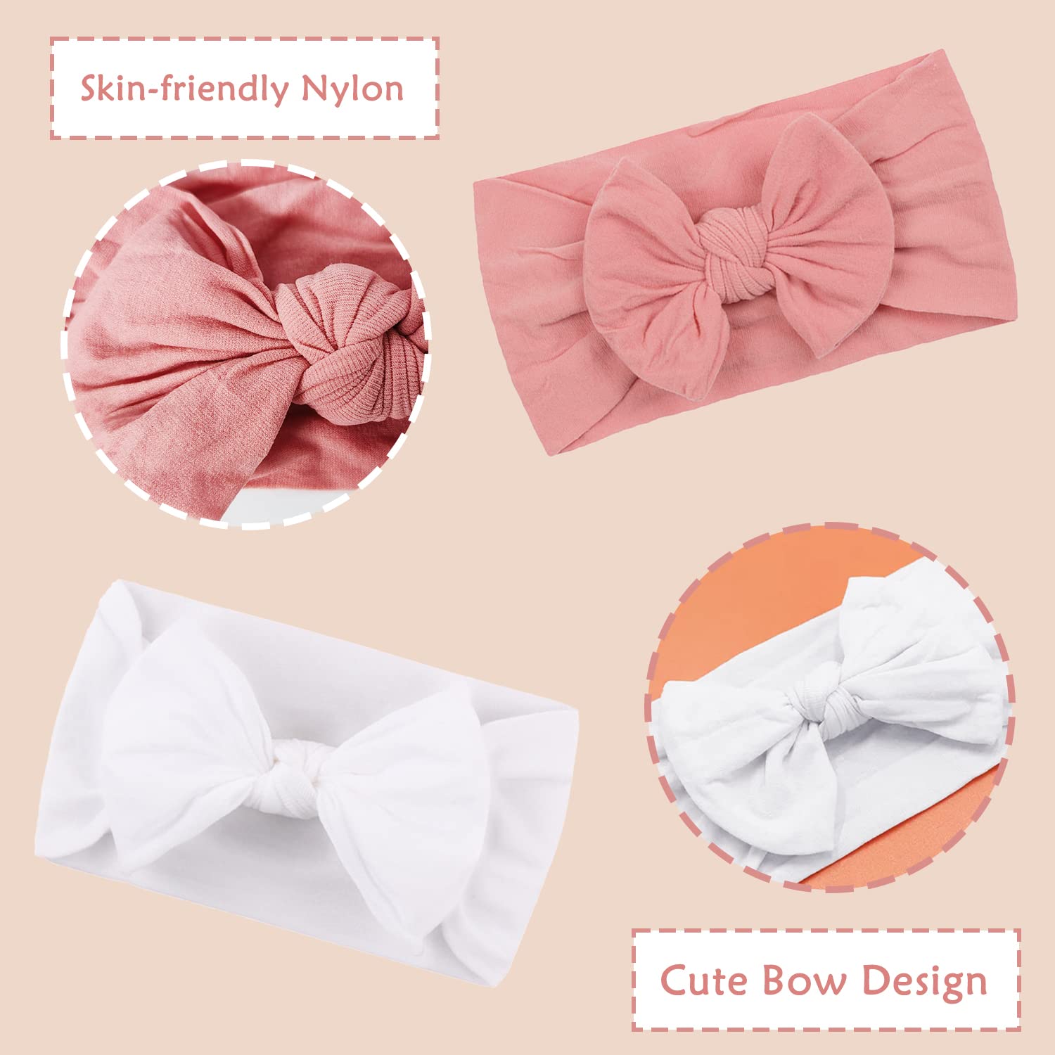 2Pcs Baby Headbands, Newborn Headbands Baby Girl Bows Newborn Baby Headbands Soft Baby Girl Bows Baby Headbands for Girls 6-12 Months(Pink and White)