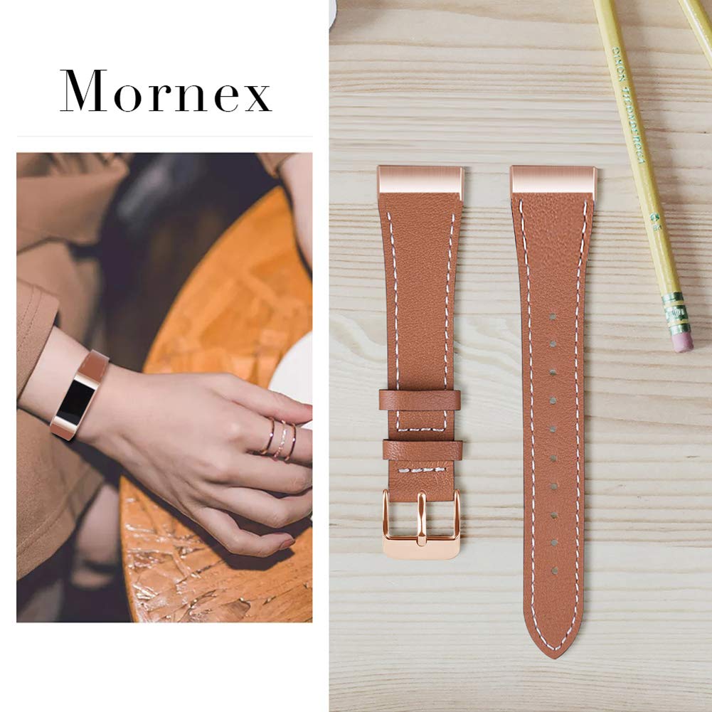 Mornex Strap Compatible Fitbit Charge 3 Strap/Charge 3 SE Leather Band, Classic Adjustable Replacement Wristband Fitness Accessories Metal Connectors,Rose Gold-Brown