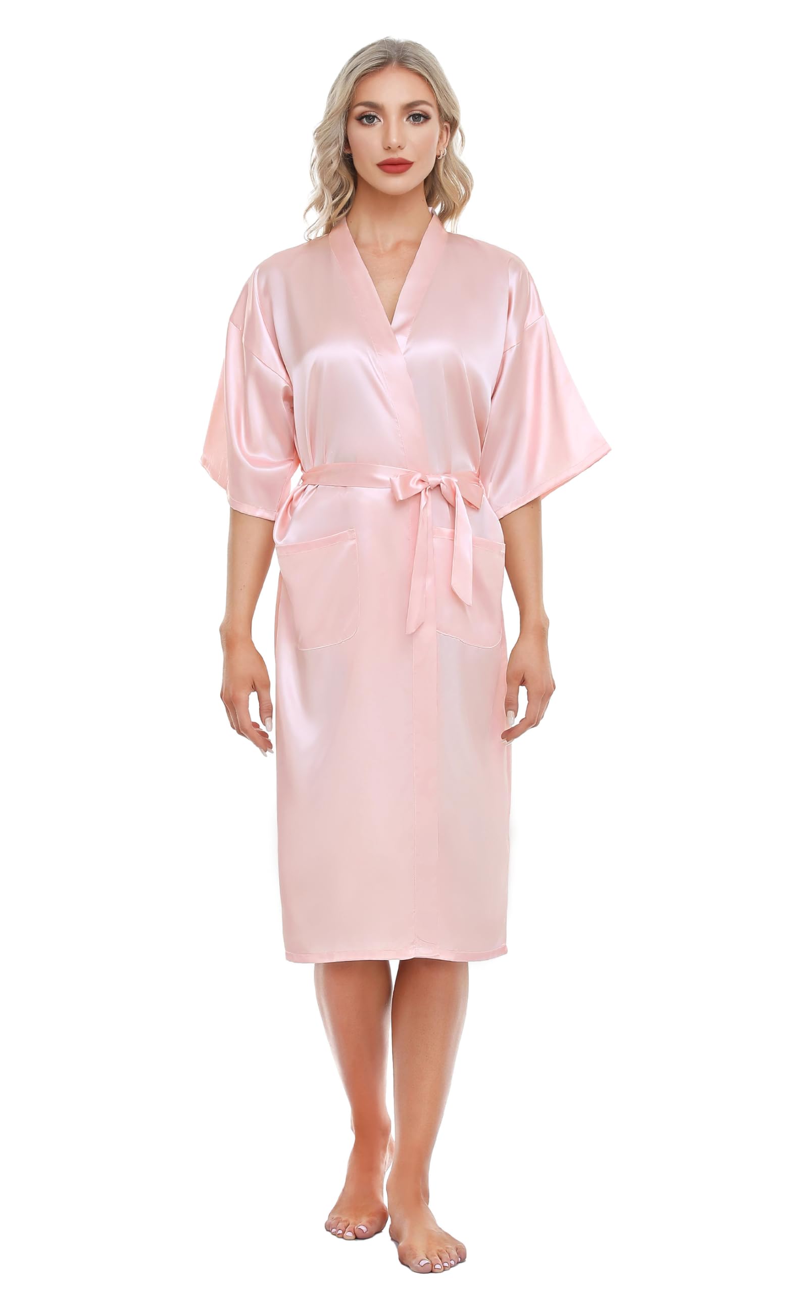 Lovasy Kimono Dressing Gowns Satin Kimono Robe Silk Dressing Gown for Women UK Long Silk Bride and Bridesmaid Robes,Pink,S