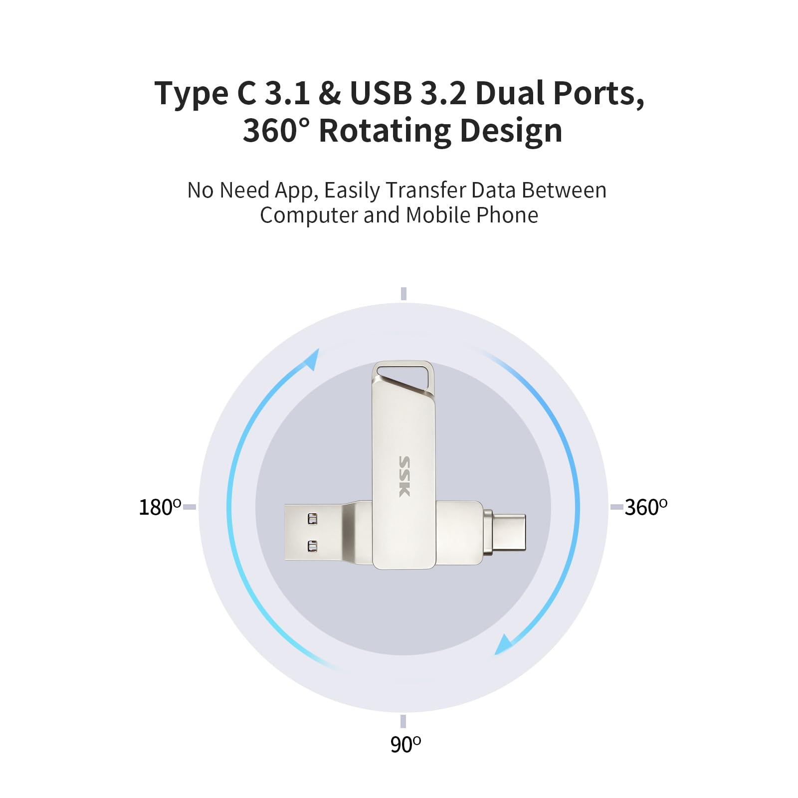 SSK 64GB USB C Flash Drive up to 200MB/s Transfer Speed Dual Connectors 2 in 1 Type CandUSB 3.2 Thumb(Jump) Drive Memory Stick Thunderbolt 3 Compatible for Android Phone,Macbook/Pro/Air,and more