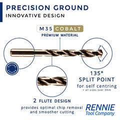 Rennie Tools - Box of 10 x 1.8mm HSS Gold Cobalt Jobber Drill Bit Set For Stainless Steel, Hard Metals, Aluminium, Cast Iron, Copper. Twist Drill Bit Sets Supplied In A Box. 1.8mm Drill Bit Set