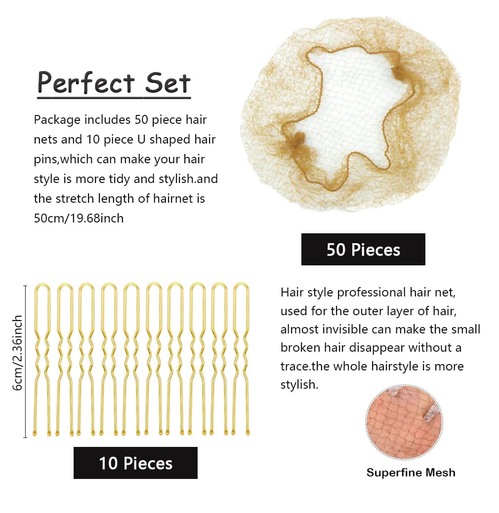 TonJin 50PCS Hair Nets Bun and 10PCS U Shaped Hair Pins Set, 50cm Individual Package Invisible Hair Nets Elastic Edge Mesh and 6cm Hair Bun Pins for Women Girls Ballet Bun Maker Dance(Blonde)