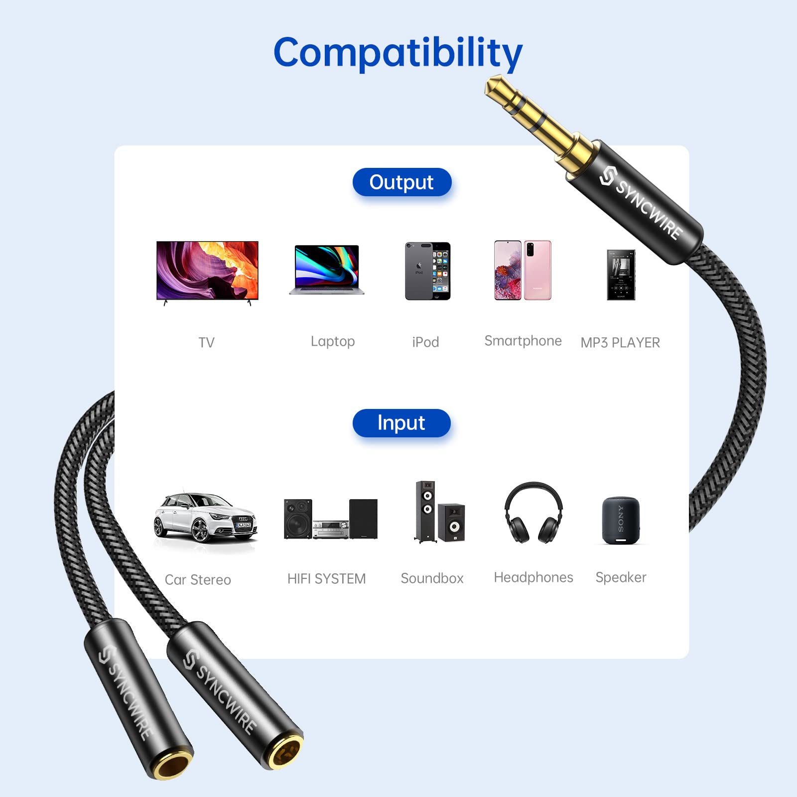 Headphone Splitter Cable Syncwire 3.5mm Aux Splitter Adapter Nylon Braided Male to 2X Female Aux Extension Cord for Apple iPhone/iPod/iPad, Samsung, Earphone, Speaker, MP3 Player - 0.77ft/23CM (Black)