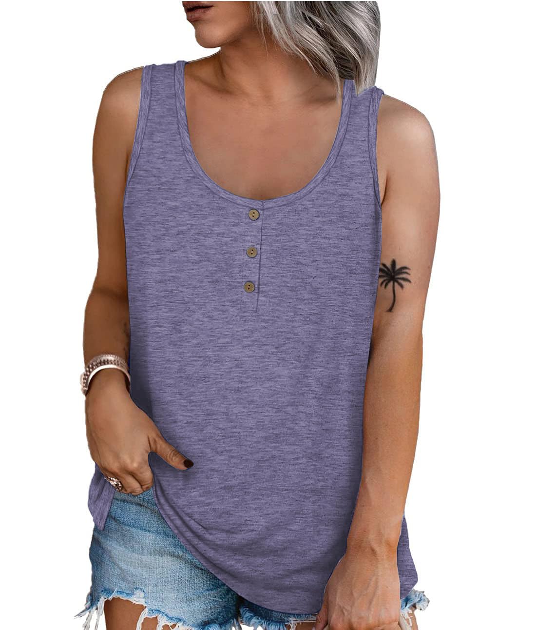 iChunhua Sleeveless Tank Tops for Women UK Button Front Loose Fitting Longline Vest Purple X-Large