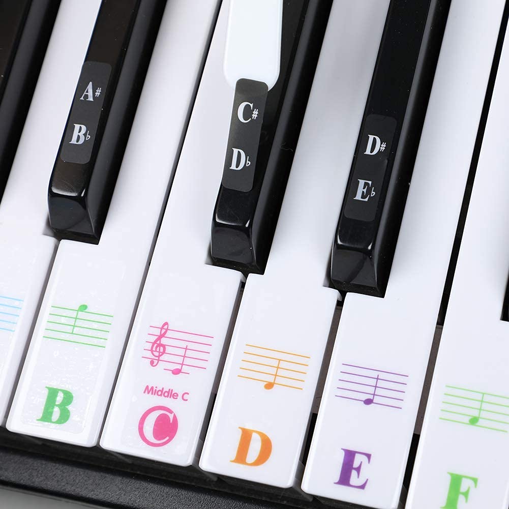 Piano Stickers, Piano Key Stickers for 88/61/54/49/37 Key Full Set for White and Black Keys, Color Bigger Letter-Thinner Transparent Removable Material with Cleaning Cloth