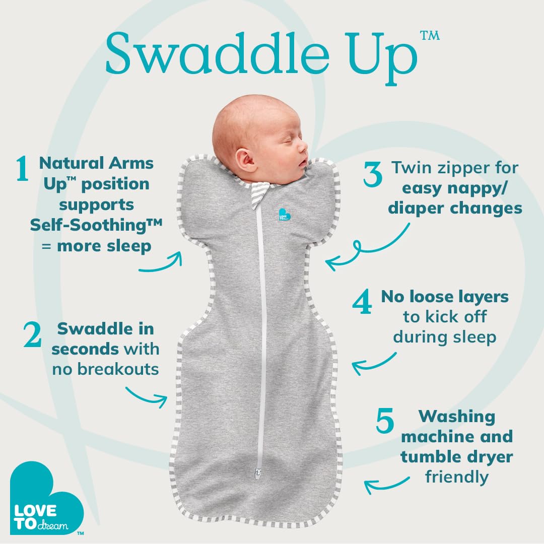 Love To Dream Swaddle UP Viscose from Bamboo Jersey Lite, Ultra-light Fabric for Warm Temperatures (24-27°C), Arms Up Position, Baby Essentials for Newborn (Kisses White, Newborn (2.2-3.8kg))