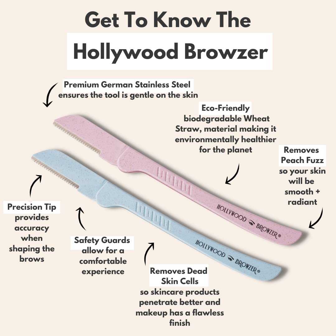 Hollywood Browzer Dermaplaning Tool for Face, Eyebrow Shaping, Removing Unwanted Hair, Exfoliating Tool for Women Duo Pack (Aquamarine and Rose Quartz)