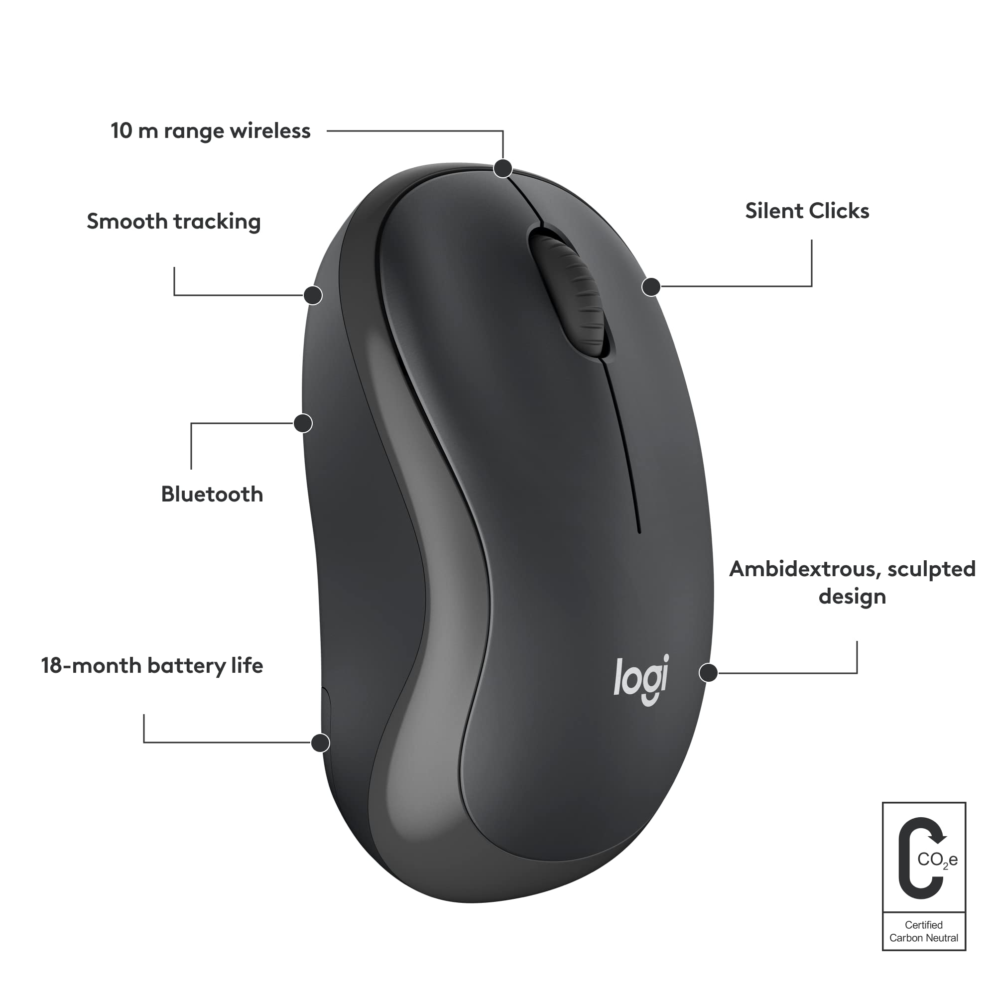 Logitech M240 Silent Bluetooth Mouse, Wireless, Compact, Portable, Smooth Tracking, 18-Month Battery, for Windows, macOS, ChromeOS, Compatible with PC, Mac, Laptop, Tablets - Graphite