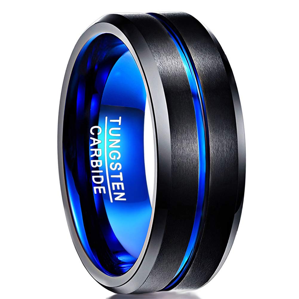 NUNCAD Men's Grooved Tungsten Carbide Rings Blue and Black Wedding Band Beveled Edge Size N