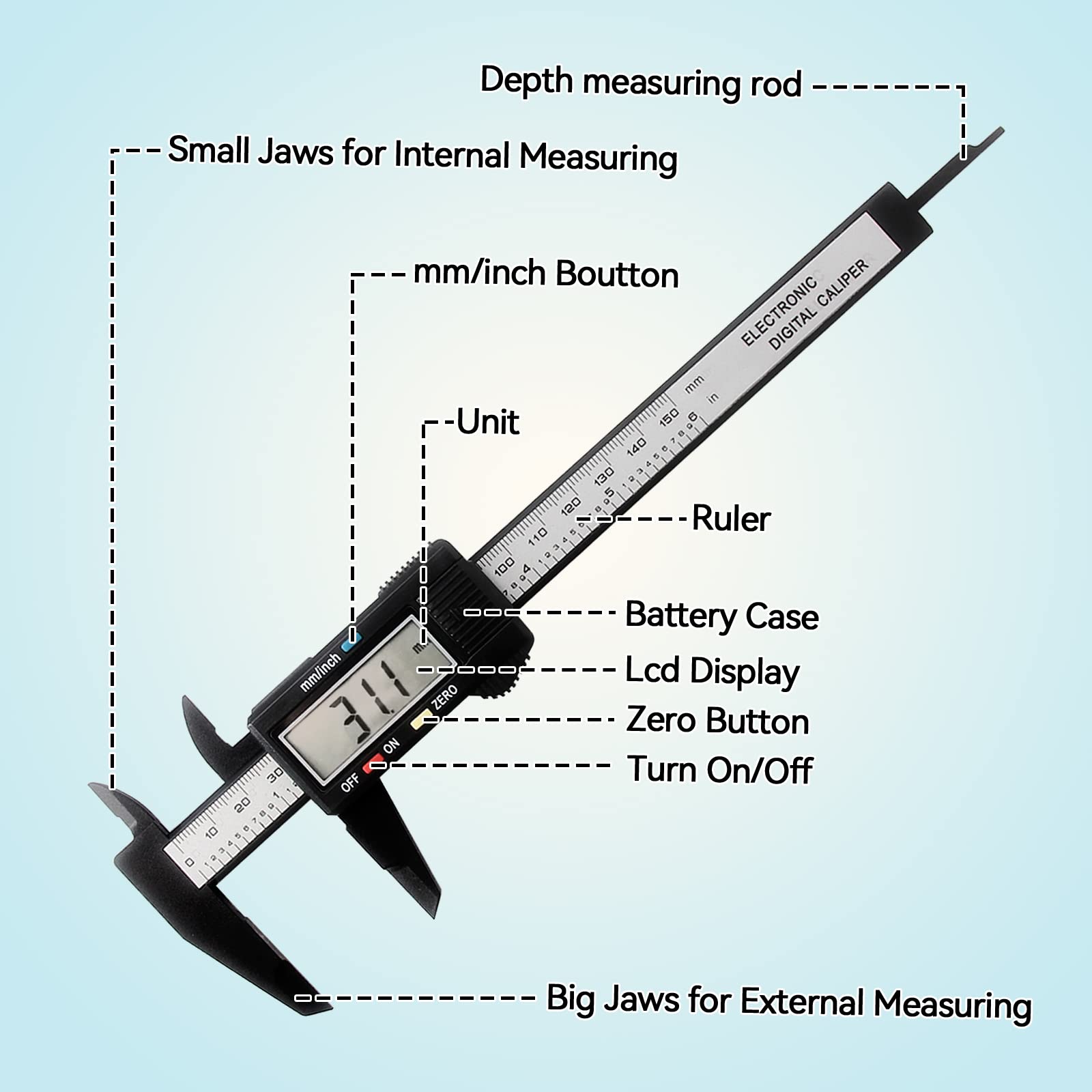 Digital Vernier Caliper - 0-150mm/0-6'' Carbon Fiber Micrometer w/LCD, Digital Caliper Inch MM Fraction Conversion, Auto-off Calipers Measuring Tool,External, Internal, Depth & Pitch Measurements