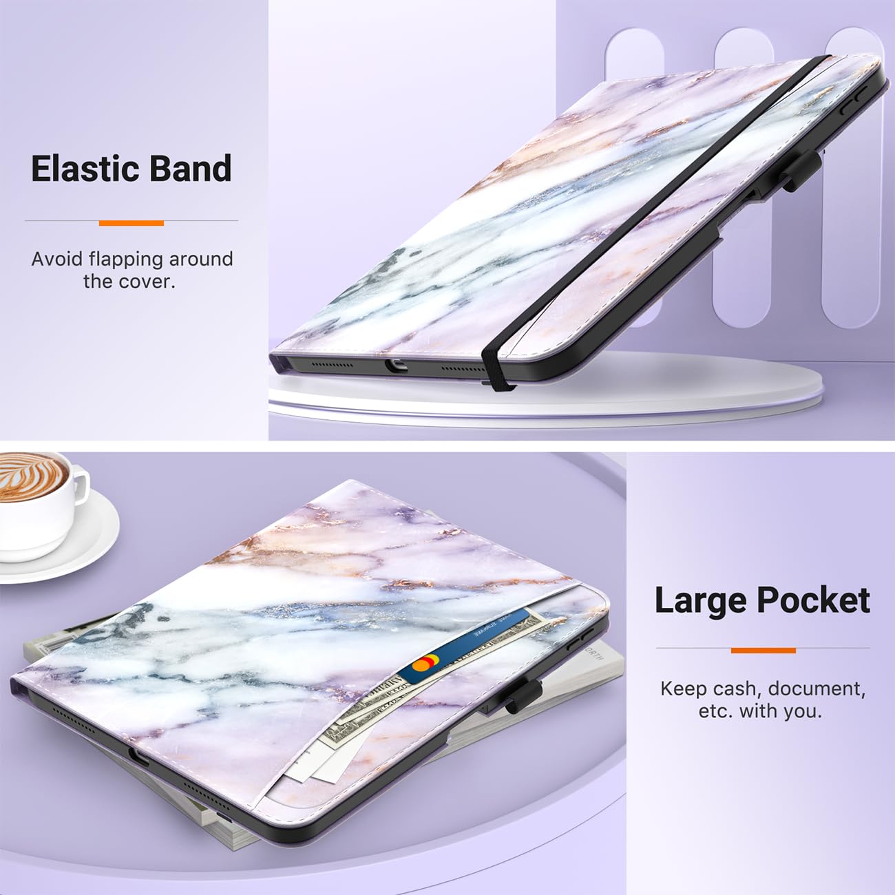 MoKo for iPad 10th Generation Case iPad 10.9 Inch Case 2022 with Pencil Holder, Multi-Angle Viewing iPad Case 10th Generation with Soft TPU Back Hand Strap for iPad 10th Gen 2022, Purple Marble