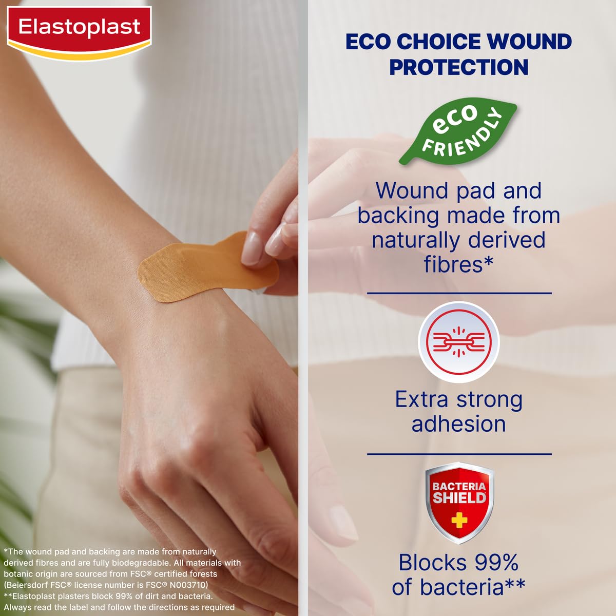 Elastoplast Green & Protect Sustainable Plasters (20 Pieces), Plasters for Painless Removal, Soft and Breathable Natural Fabric Plasters, Water-Repellent Plasters, Eco-Friendly Protection, Tan