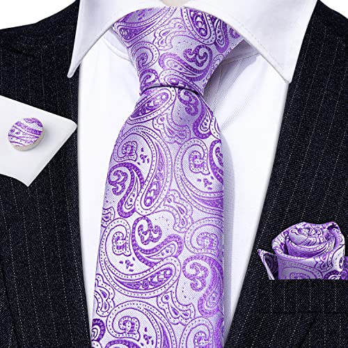 Barry.Wang Man Solid Tie Set Silk Paisley Light Purple Necktie Pocket Square Cuff Links Business