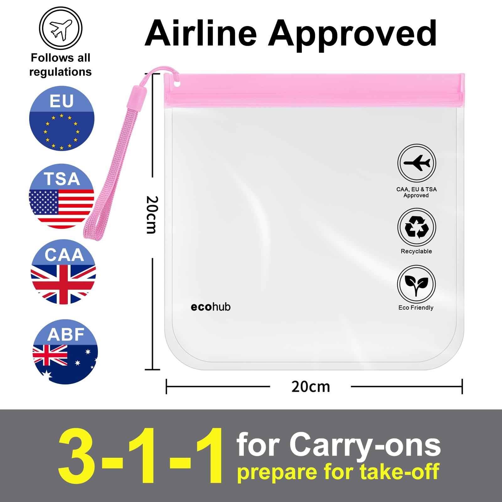 ECOHUB Airport Security Liquids Bags, EVA Airport Liquid Bag 20 x 20cm Airline Approved Clear Travel Toiletry Bag for Women Men, Zip Lock Bags with Strap for Travel (2 pcs Pink)