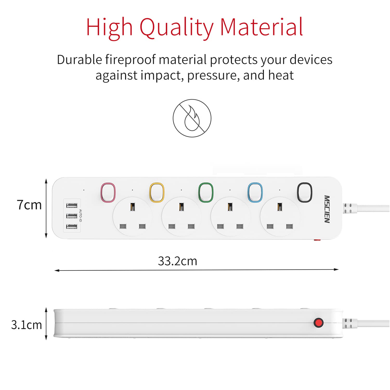 Mscien Extension Lead with USB Slots, 4 Way 3 USB Extension Socket with Individual Switches Mountable Overload Ptotection Power Strips with 1.8M Extension cable 3250W