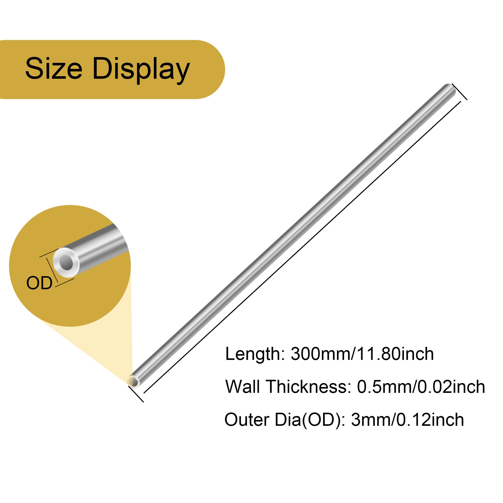 LAVMHAB 304 Stainless Steel Tube 3mm OD X 0.5mm Wall Thickness 300mm Length, Seamless Round Stainless Steel Pipes (4pcs)