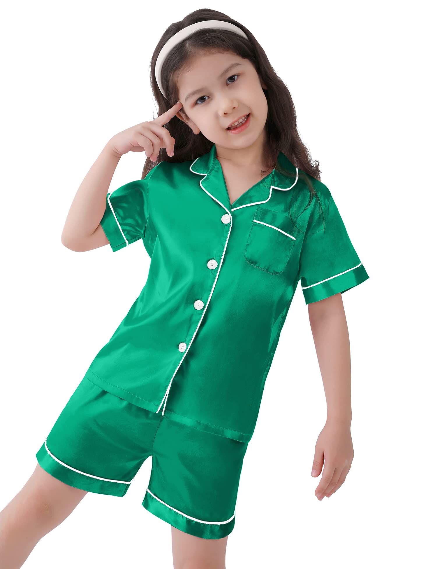 SWOMOG Girls Pyjamas Silk Satin PJs for Kids Boys Short Sleeve Sleepwear Silky Pyjama Sets for Teenage Children Emerald Green