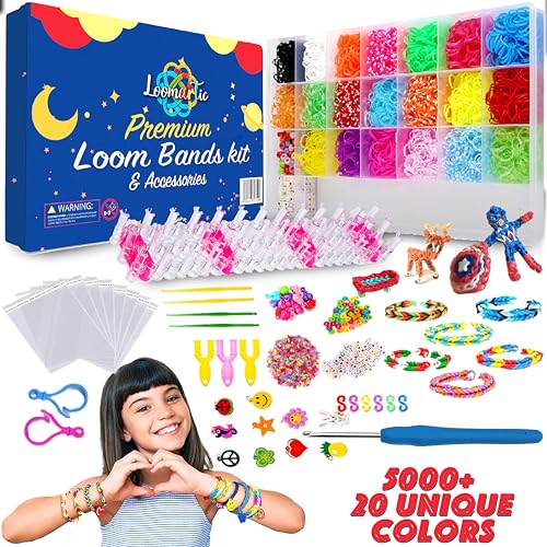 Loomartic 5000 and Colorful Rubber Loom Bands Premium Quality Loom Bands kit in 20 Unique Colors with Beads and Art Supplies for Friendship Bracelet Making kit in Craft Storage Box