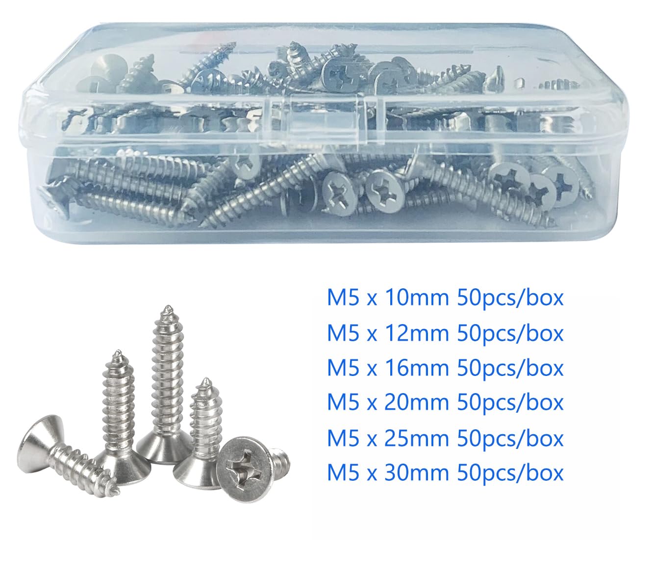 M5 Stainless Steel Self Tapping Screws,50pcs Phillips Flat Head Wood Srews DIY Woodworking Screws with Box (M5 X 12 50 PCS)