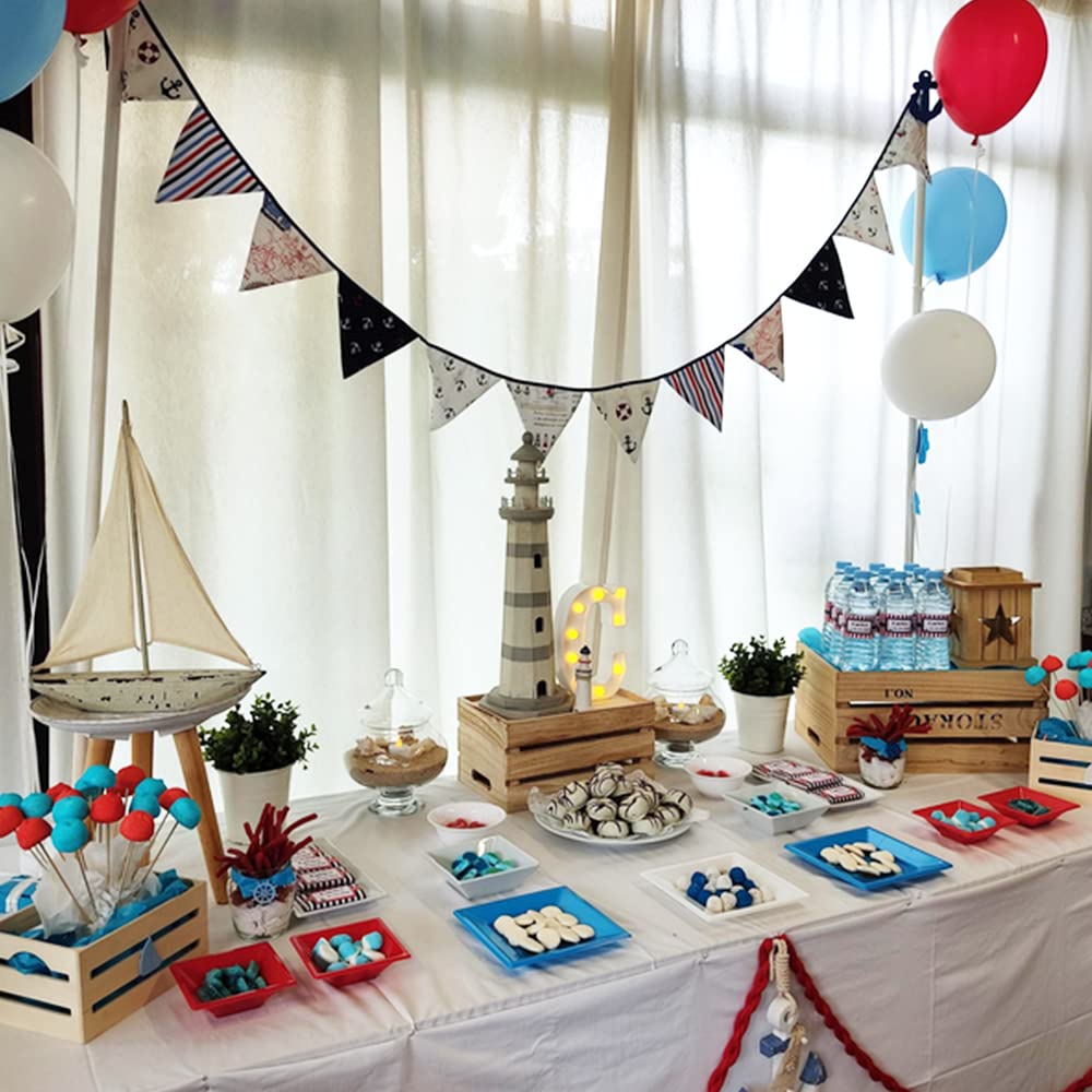 G2PLUS Double Sided Fabric Bunting Banner, Two Layer Triangle Nautical Bunting, 3.3M with 12PCS Nautical Pirate Pennants, Cotton Shabby Chic Garland for Bedroom Brithday Tea Party Decorations-White and Blue