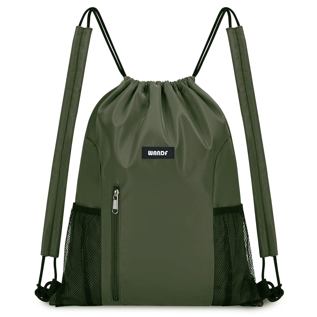 WANDF Drawstring Backpack with Shoulder Pad Sports Gym Backpack with Mesh Pocket String Bag for Women Men (Dark Green)