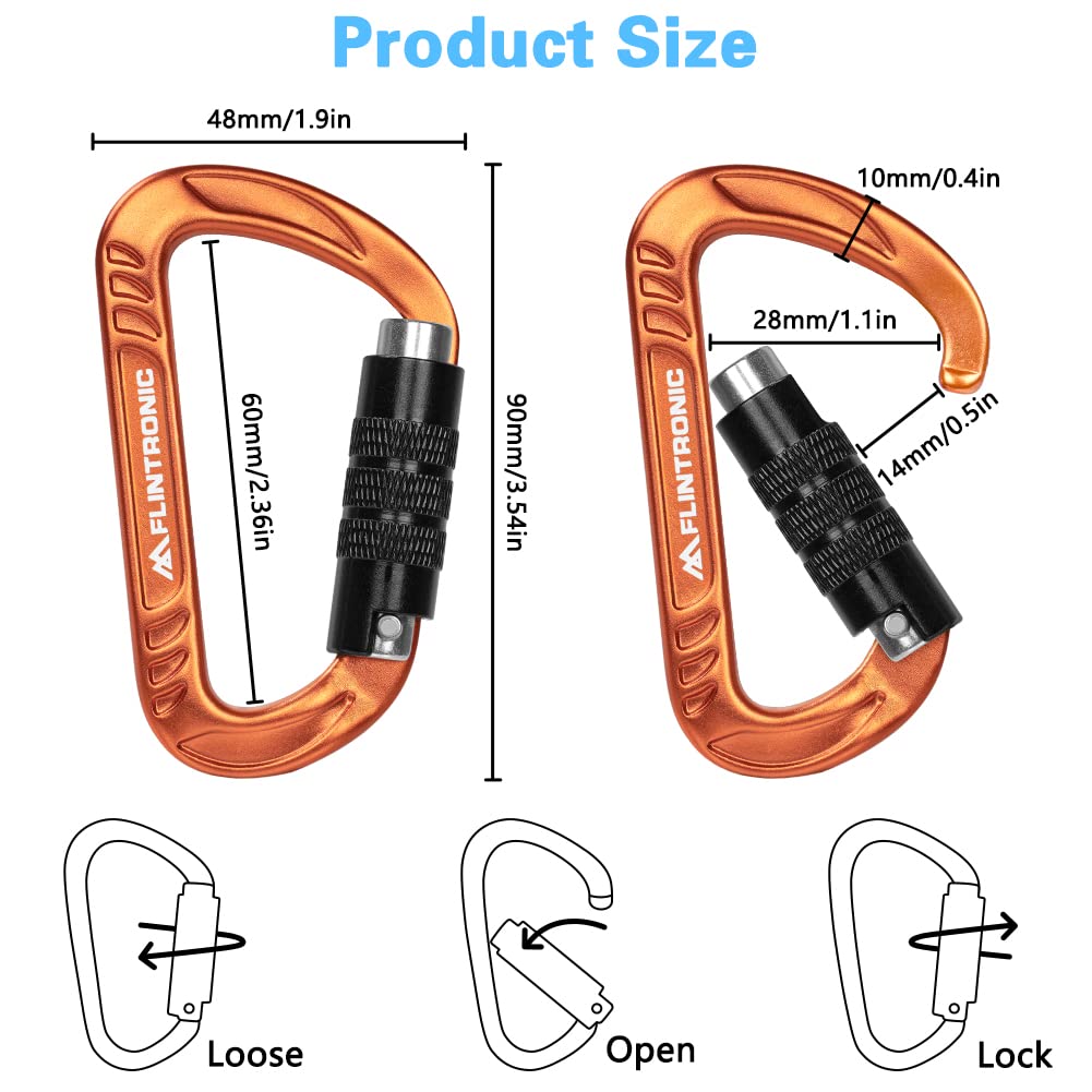 Flintronic Locking Carabiner, 12KN Heavy Duty Locking Carabiner Clips, Aluminum Alloy Clip, 2PCS Carabiner D Ring Clip Hook for Hammock Swing Camping Fishing Hiking (Orange)