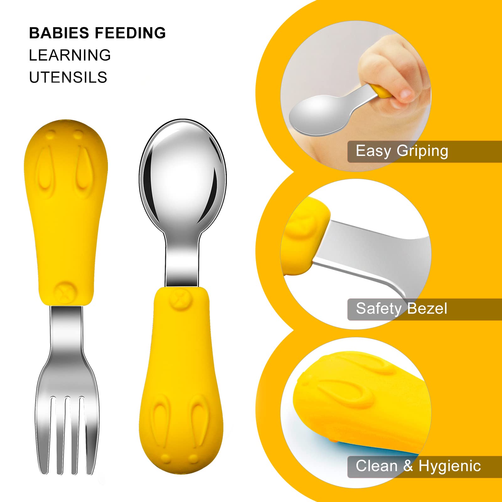 Jmbabe Toddler Fork and Spoon, Stainless Steel Baby Utensils Cutlery Set, Stainless Steel Self Feeding Spoon and Fork, Children Flatware Weaning and Learning to Use(2 Pack