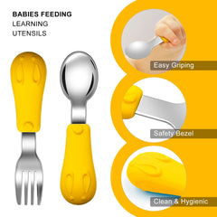 Jmbabe Toddler Fork and Spoon, Stainless Steel Baby Utensils Cutlery Set, Stainless Steel Self Feeding Spoon and Fork, Children Flatware Weaning and Learning to Use(2 Pack