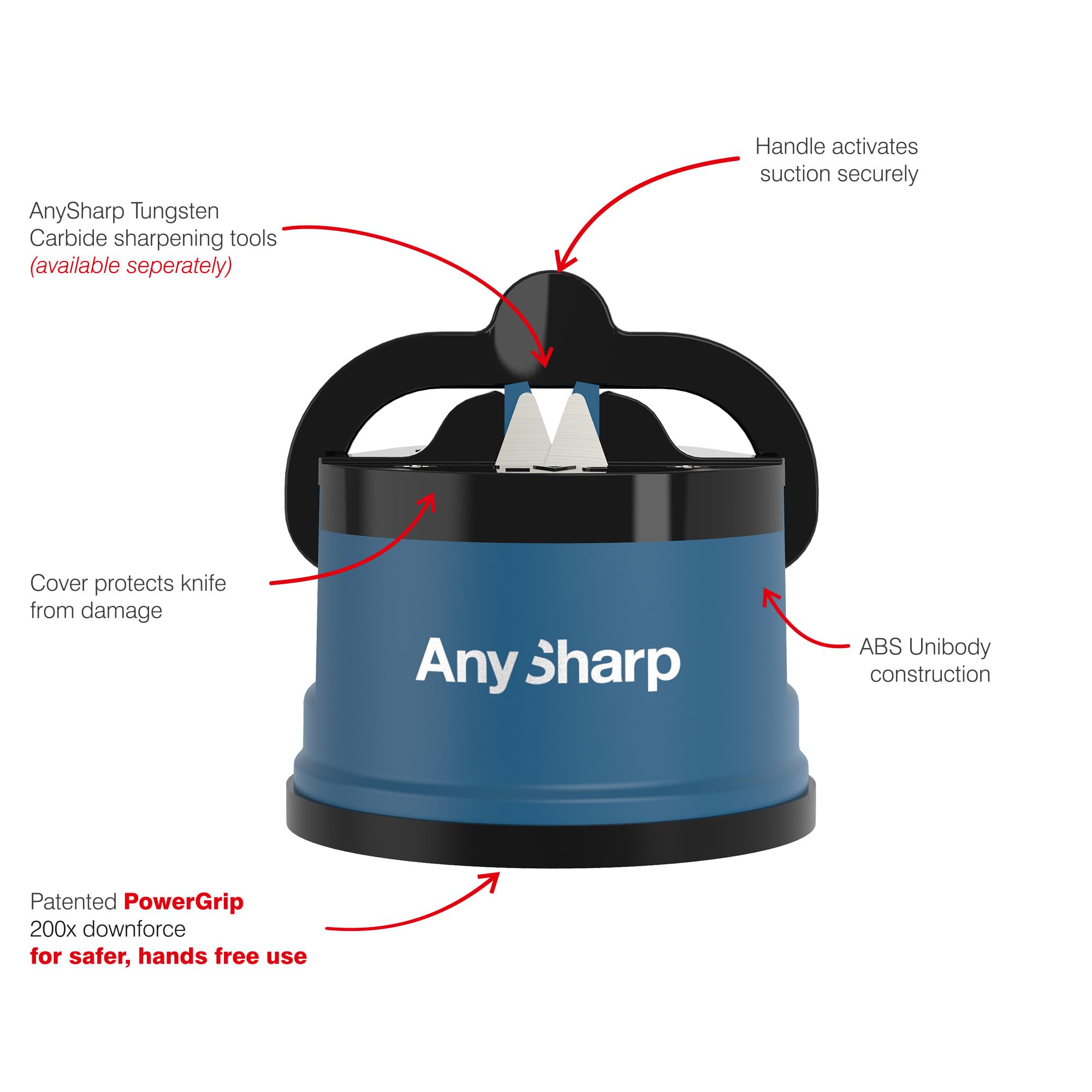 AnySharp Knife Sharpener, Hands-Free Safety, PowerGrip Suction, Safely Sharpens All Kitchen Knives, Ideal for Hardened Steel & Serrated, World's Best, Compact, One Size, Blue