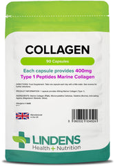 Lindens Collagen (Marine) 400mg Capsules - 90 Pack - Marine Source Hydrolysed Collagen in A Rapid-Release Capsule for Maximum Absorption - UK Manufacturer