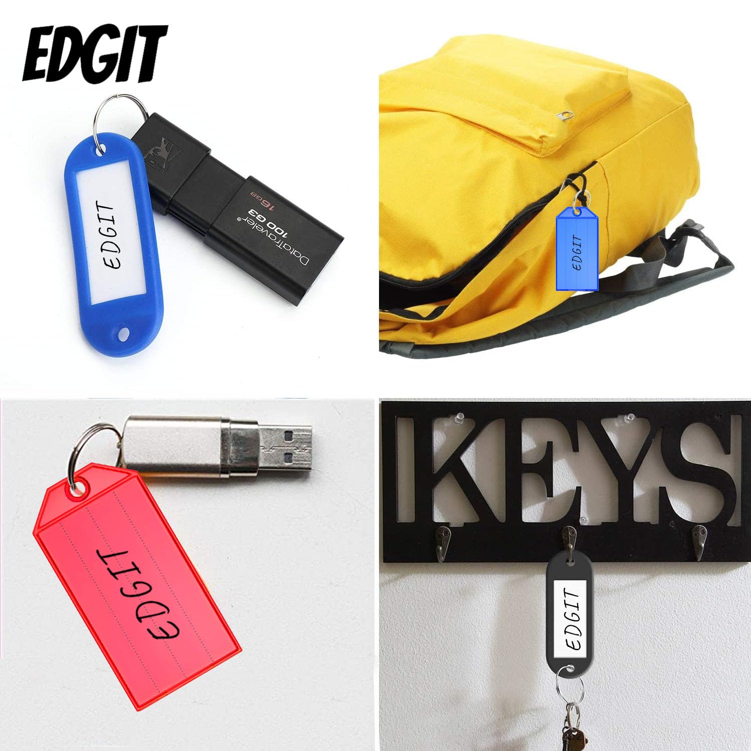 EDGIT 40 Pack Multi Design Key Tags with Labels - Key Rings with Labels in Convenient Storage Box, Key Fobs with Labels, Pets, Memory Stick, Keyrings with Labels