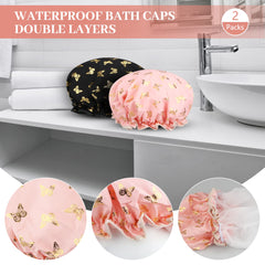 2 PCS Shower Cap Elastic Band Waterproof Bath Caps Double Layers Reusable With Ruffled Edge Covering Ears for Girls and Women