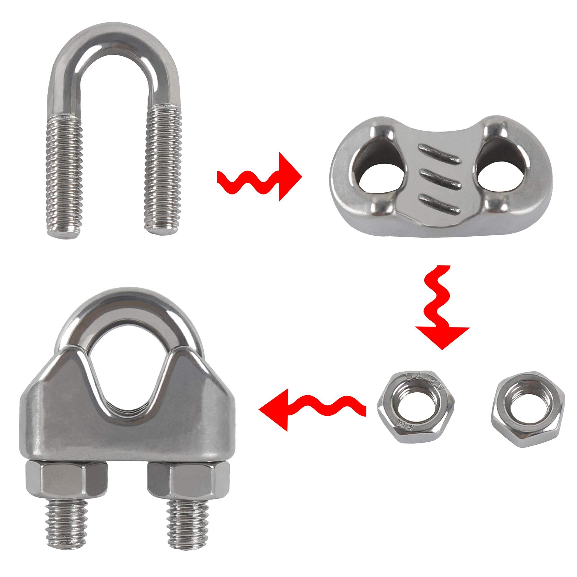 M8 Wire Rope Clip Clamp 304Stainless Steel Cable Clip, U Bolt Saddle Clamp, Wire Rope Cable Clamp, for Rigging Rope and tension cable Garden Tensioning Wire Ropes Industry Household Shipping 10pcs