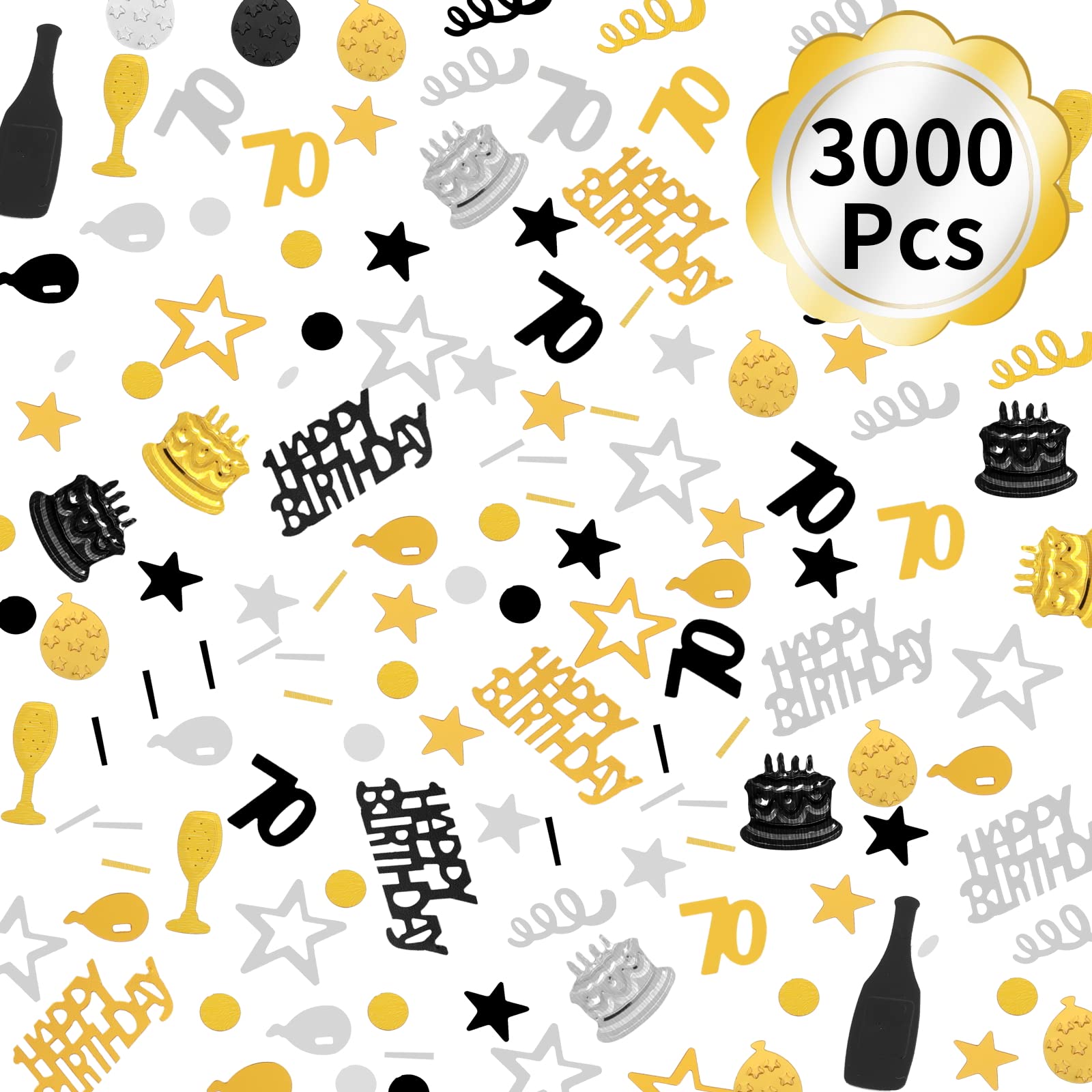 3000 Pieces Birthday Confetti Number 70 Glitter Confetti Birthday Cake Confetti Table Confetti Black Gold and Silver Party Decorations Supplies for Birthday, Anniversary (70th Style)