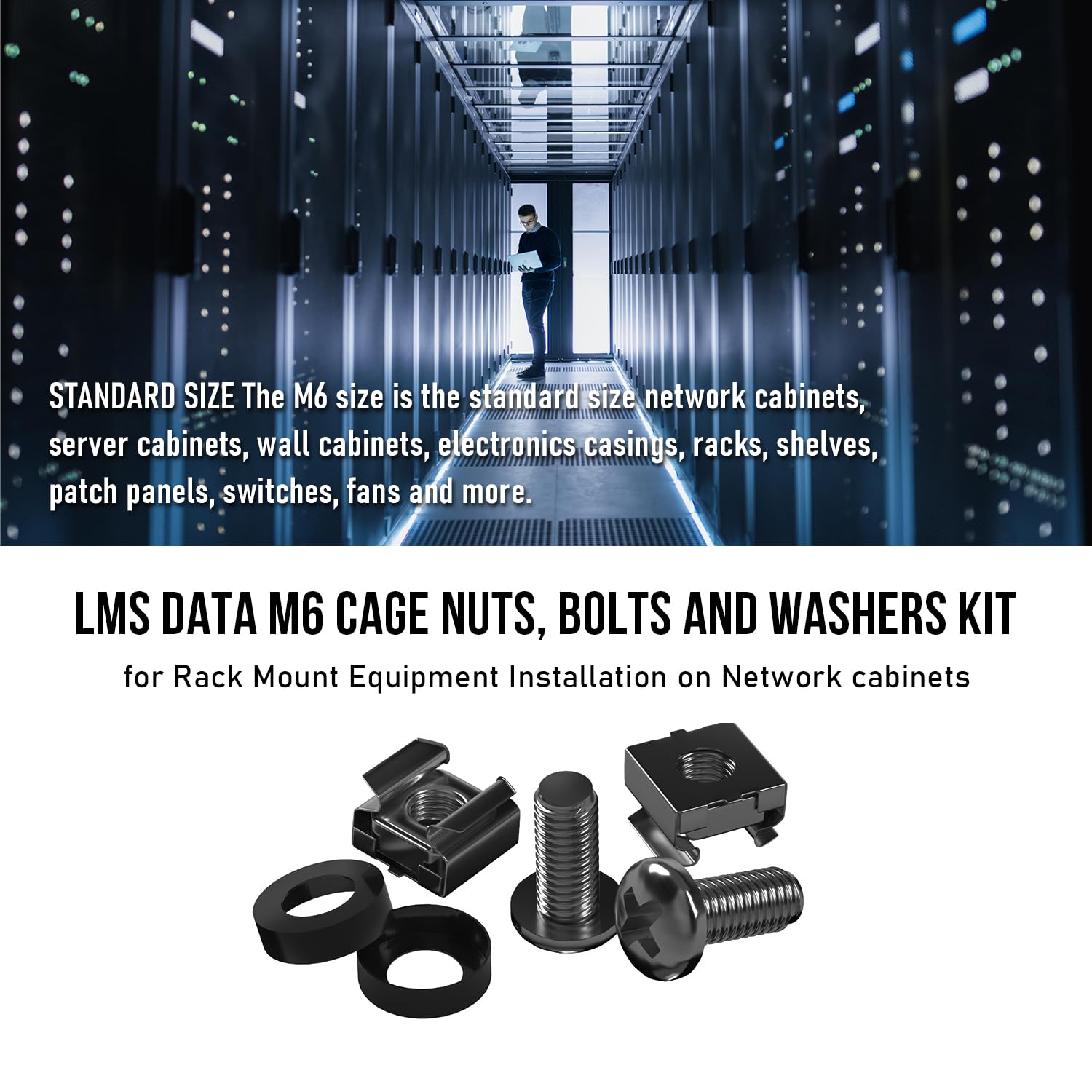 LMS Data M6 Cage Nuts Screws and Washers Set -Assortment Nuts and Bolts Kit for Rack Mount Data Cabinets, Server Shelves Fixing and Installation (Black, 50)