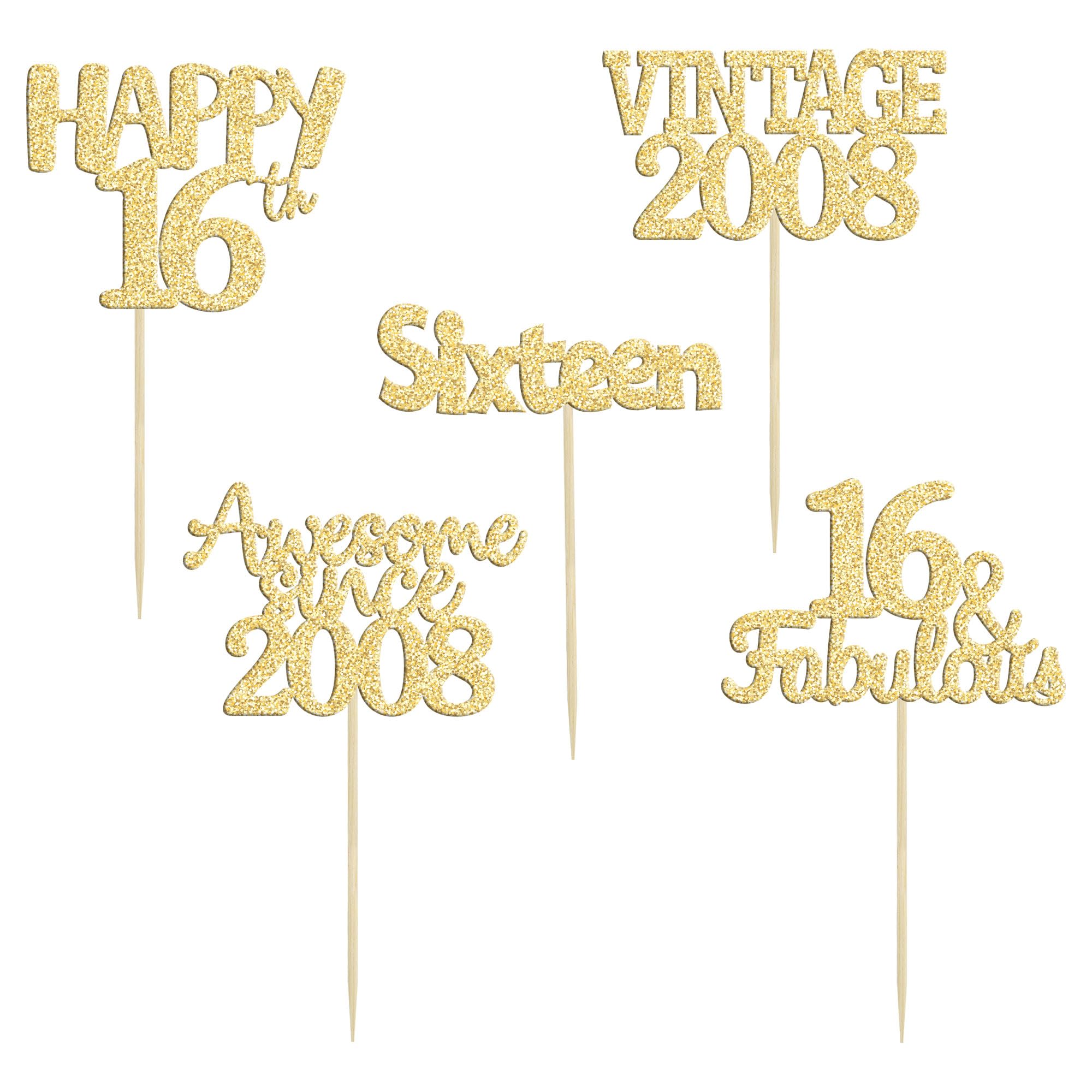 Gyufise 30Pcs Happy 16th Cupcake Toppers Glitter Fifteen Vintage 2008 Cupcake Picks Cheers to 16 Years Birthday Cake Decorations for Happy 16th Birthday Anniversary Party Supplies Gold