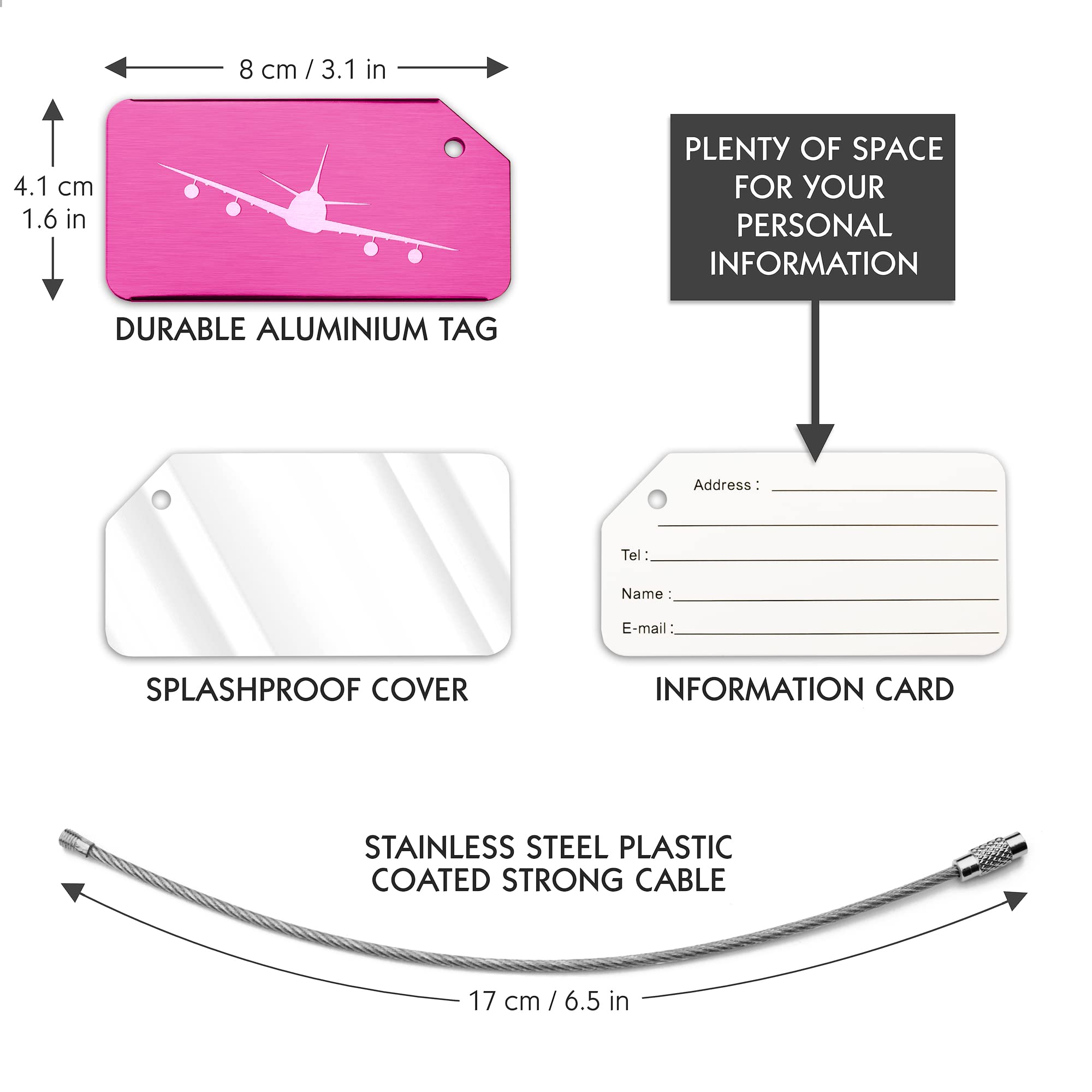 Pack of 5 Pink Strong Aluminium Luggage Tags, Secure, Easy to Spot, Privacy, Variety of Colours, Strong Steel Cable